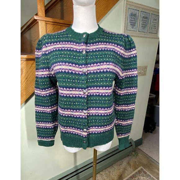 The Eagles Eye Vintage Green Sz 40 Shetland Wool Birds Eye Cardigan Sweater - Picture 1 of 10